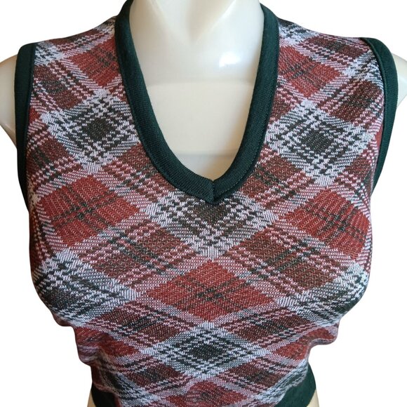 XS Vintage Argyle Cropped Knit Sweater Vest Top Sleeveless Pullover Green Trim - Picture 1 of 6